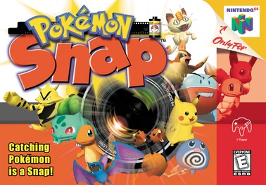 The cover art for the Nintendo 64 game 'Pokémon Snap' features various Pokémon characters around a camera lens, with the tagline 'Catching Pokémon is a Snap!'