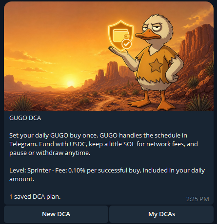 A GUGO DCA interface card with a cartoon bird mascot, explaining the feature to set automated daily Telegram purchases of GUGO tokens using USDC, with a 0.10% fee.