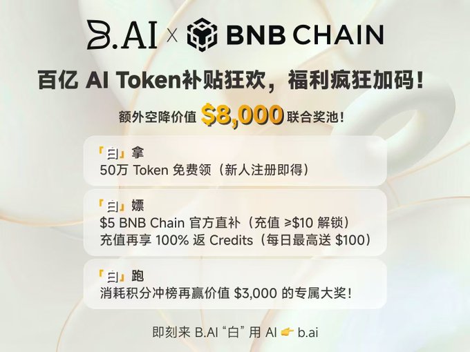The image features a poster for B.AI Chain, which is an AI-based cryptocurrency exchange. The poster includes text in both Chinese and English, showcasing the benefits of using B.AI Chain. It also highlights that there's a special offer available where users can purchase B.AI Chain Agent Survival Pack for $8,000. This offers a unique opportunity to invest in AI technology while enjoying the advantages of B.AI Chain as an exchange platform.