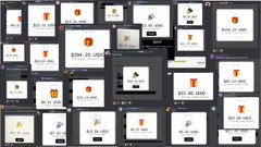 A grid layout displays various small digital interface mockups or NFT cards, each containing simple icons and minimal text on white backgrounds against a dark theme.
