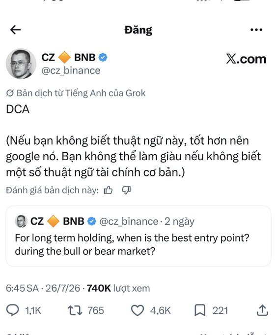 A screenshot of a tweet from CZ BNB (@cz_binance) defining 'DCA' (Dollar Cost Averaging) in Vietnamese, with the original English text asking about the best entry point during bull or bear markets.