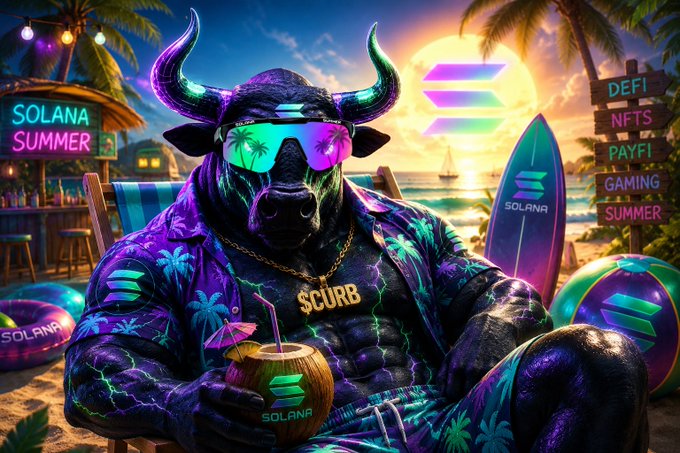 A muscular bull wearing neon sunglasses, a Hawaiian shirt, and a "$CURB" chain relaxes on a beach chair with a coconut drink labeled "SOLANA," surrounded by Solana logos and signs for "DEFI, NFTS, PAYFI, GAMING, SUMMER," with a "SOLANA SUMMER" neon sign glowing in the background — perfectly capturing the post's "SOLANA SUMMER" vibe of a chill, bullish crypto beach getaway.