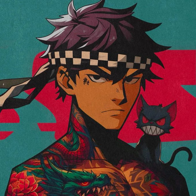 An anime-style digital illustration of a stern character with dark spiky hair, a checkered headband, and colorful full-body tattoos, accompanied by a small black cat with red eyes.