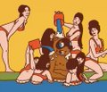 A pixelated animated scene showing a group of cartoonish people engaged in a chaotic group activity, possibly a fight or wrestling match, against a plain yellow background.