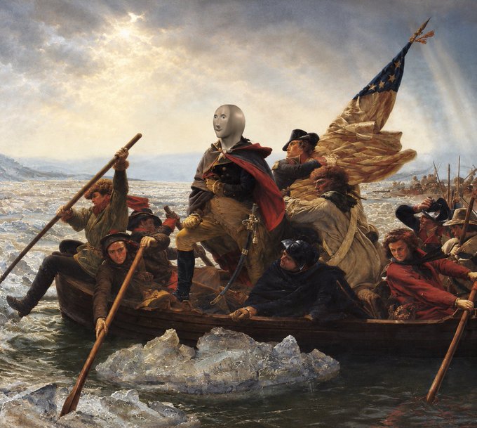 The image is a parody of Emanuel Leutze's famous painting "Washington Crossing the Delaware," but with the central figure's face replaced by a bald, expressionless mask (resembling a stock photo model or AI-generated face) standing heroically in the boat while soldiers row across icy waters beneath an American flag. 

The caption reads: "A parody of Washington Crossing the Delaware features a faceless, bald figure in colonial attire standing heroically in a rowboat amid icy waters and soldiers, subverting the iconic historical painting with an absurd, stock-photo-like visage." 

It ties to the post by mirroring the "commence the Golden Bull" (i.e., bullish market) theme—the masked figure strides forward confidently like Washington, symbolizing a leaderless or generic charge into a rising market rally behind "$Stonks tokens."