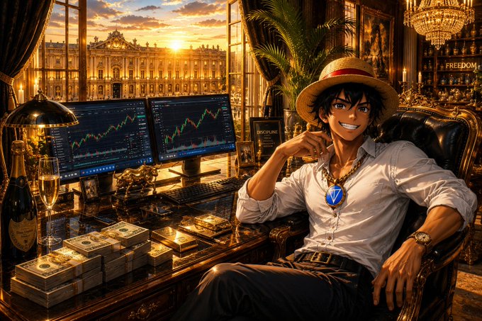 An anime-style illustration of a smiling young man in a straw hat and white shirt sitting at an ornate desk with computer monitors showing stock charts, stacks of money, and gold bars, with a sunset view through the window.