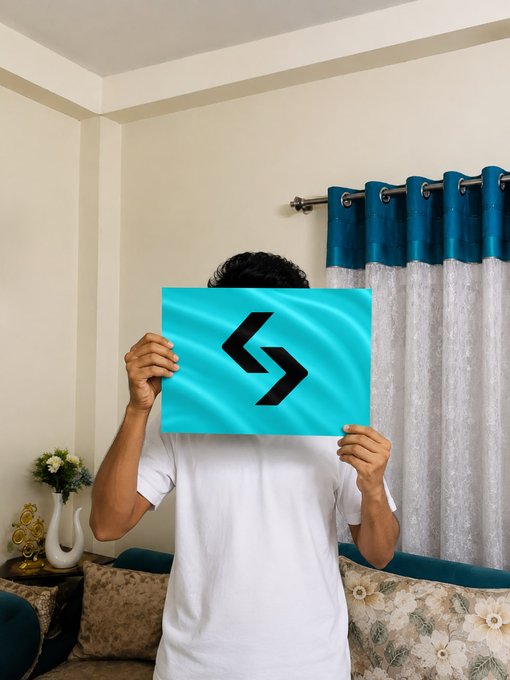 A person holds up a turquoise banner featuring the black Bitget logo in front of their face, symbolizing their pride and affiliation with the Bitget community as referenced in the "GM @BitgetBuilders" post.