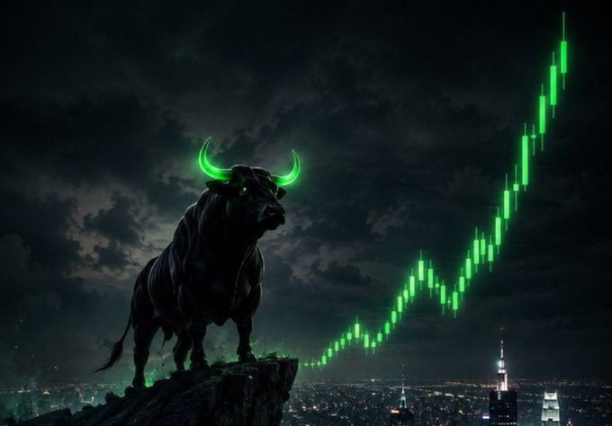 A glowing green bull with luminous horns stands on a cliff overlooking a cityscape, paired with an ascending green candlestick chart, symbolizing an upcoming memecoin bull run. The vibrant green tones and rising market trend visually represent optimism and momentum for the next bullish surge.