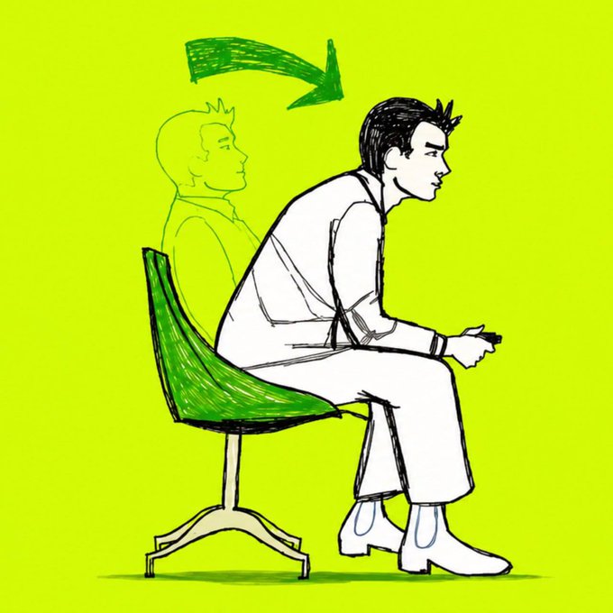 A man sits hunched forward on a green chair, gripping a game controller with intense focus, while a faded outline of his earlier posture sits behind him with a green arrow showing his progression toward a more engaged, serious gaming stance—visually echoing "it's getting serious."