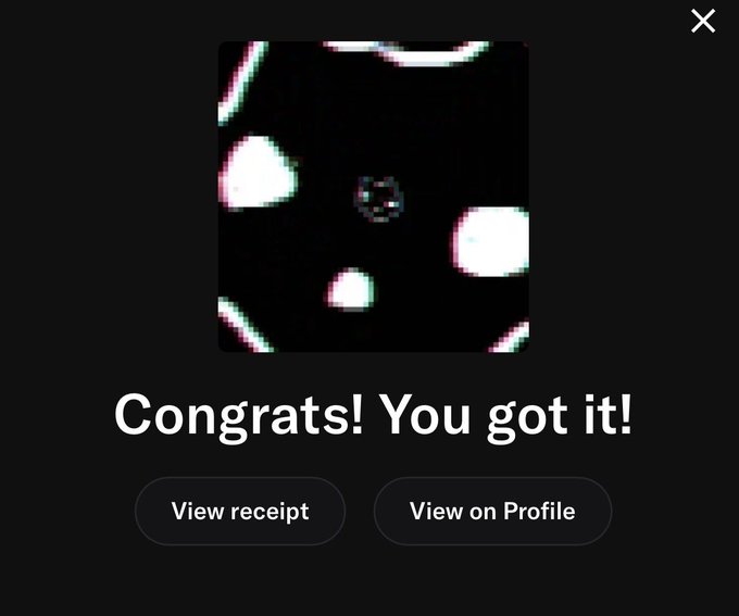 A success popup with the text "Congrats! You got it!" appears alongside a distorted, glitchy image featuring white blobs on a black background, with options to "View receipt" or "View on Profile." The pixelated, abstract aesthetic aligns with the quirky, experimental vibe of the Low Quality Cat NFT project celebrated in the post.