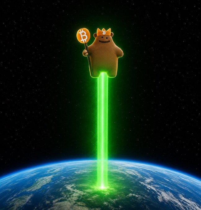 Digital art of a bear character wearing a Bitcoin crown, holding a Bitcoin scepter, and firing a green laser beam down at Earth from space.