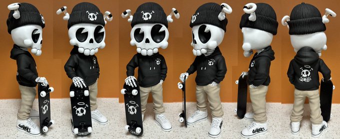 3D-rendered toy figures of skull-headed characters wearing beanies, hoodies, and holding skateboards in various poses.