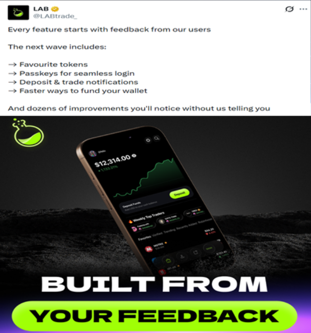 A LAB (@LABtrade_) social media post showcases upcoming app features including favorite tokens, passkeys for login, deposit & trade notifications, and faster wallet funding, displayed alongside a phone mockup showing a $12,314.00 portfolio with weekly top traders like $MICRO (+199.6%) and $VADER (+92.9%), captioned "BUILT FROM YOUR FEEDBACK." The image relates to the post by visually emphasizing the project's continuous product development and shipping of updates, reinforcing the message that $LAB is actively building while the market awaits stronger adoption and price action signals.