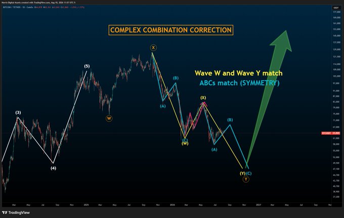 The image displays a TradingView chart of Bitcoin (BTCUSD) with Elliott Wave analysis labeling a "COMPLEX COMBINATION CORRECTION," showing a WXY wave structure with matching Wave W and Wave Y, and ABCs demonstrating symmetry, ending at point (Y)=(C) with a green arrow projecting potential upward movement. This illustrates the post's bullish thesis that if BTC weakens, a completed 5-wave C correction would signal the bottom, while USDT.D completes its wedge—setting up an explosive altcoin rally with the poster ready to "call BOTTOM every day."