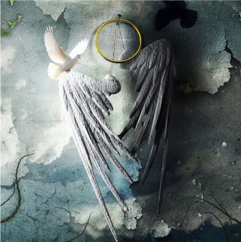 A surreal composition where a person dressed as an angel with long yarn-like wings and a golden halo hangs against a textured, peeling wall.