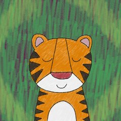A cute cartoon tiger with closed eyes and a small smile is displayed against a green, brushstroke-textured background. The illustration relates to the post as one of two character options ("Caterpillar or Tiger") being offered for addition to a collection.
