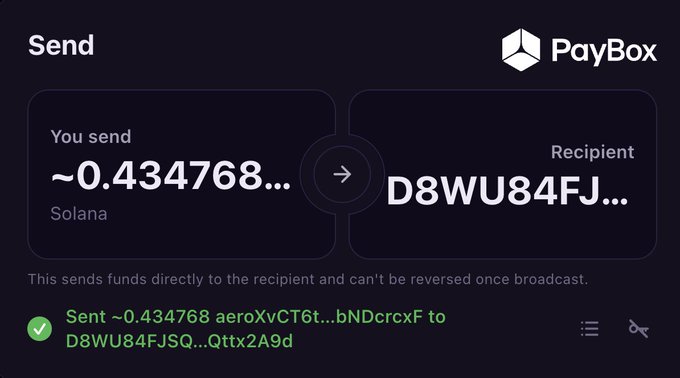A PayBox cryptocurrency transaction screen showing a Solana send of ~0.434768 tokens to recipient address D8WU84FJSQ...Qttx2A9d.