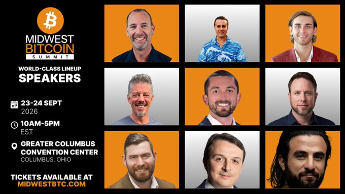 Promotional graphic for the Midwest Bitcoin Summit featuring a world-class lineup of nine speakers shown in a grid of headshots against orange and white backgrounds. The event takes place September 23-24, 2026 from 10AM-5PM EST at the Greater Columbus Convention Center in Columbus, Ohio, with tickets available at midwestbtc.com. The image showcases the featured speakers including Mike Cobb, Kyle Knight, Tim Niemeyer, Chris Ritter, Jonathan Kamps, Carlos Toriello, Jon Gordon, Ben Jarvie, and Brady Pugliese mentioned in the accompanying announcement.
