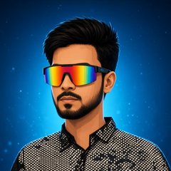 A digital illustration depicts a man with a beard wearing rainbow-colored reflective sunglasses and a patterned shirt against a blue background.