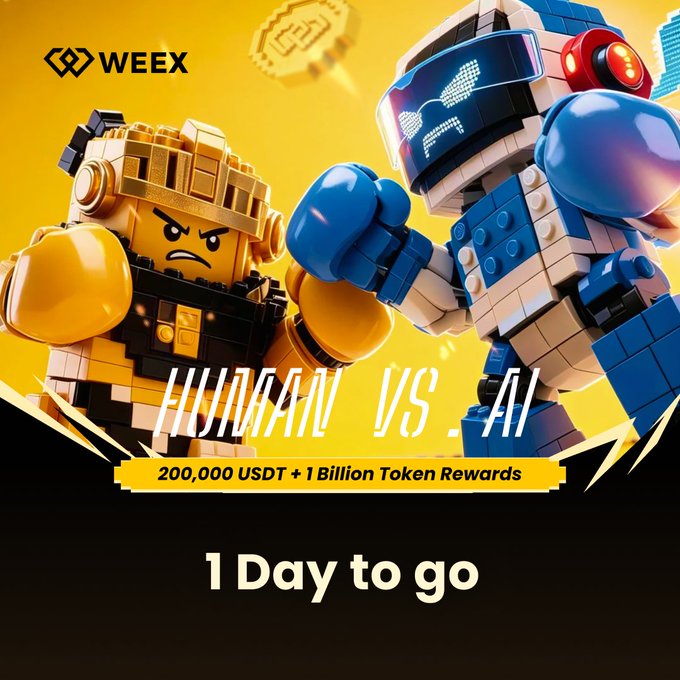A WEEX promotional graphic featuring two Lego-style robots—a yellow "human" fighter with a determined expression facing off against a blue visor-wearing AI robot in boxing gloves. Bold text announces "HUMAN VS. AI" with a 200,000 USDT and 1 Billion Token Rewards prize pool, and a "1 Day to go" countdown that aligns with the post's teaser asking viewers to choose between Team AI or Team Human.