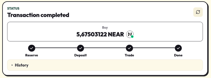 A transaction confirmation modal showing 'Transaction completed' with a successful 'Buy' of 5.67503122 NEAR, passing all four steps: Reserve, Deposit, Trade, and Done.