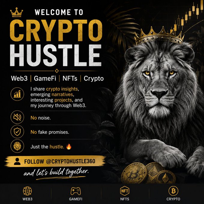 Promotional graphic reading "Welcome to CRYPTO HUSTLE" covering Web3, GameFi, NFTs, and Crypto, featuring a lion with a crown, cryptocurrency icons (Bitcoin, Ethereum), and "FOLLOW @CRYPTOHUSTLE360".