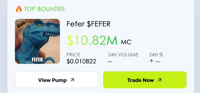 A cryptocurrency trading app screen showing 'TOP BOUNTIES' with the Fefer $FEFER token at a price of $0.010822 and a market cap of $10.82M.
