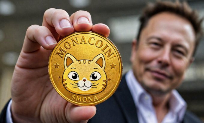 A man holds up a gold "$MONACOIN" ($MONA) token featuring a cartoon cat, visually reinforcing the airdrop promotion offering 400k $MONA per Solana wallet. The coin's branding directly ties into the giveaway post, where the token serves as the reward for participants dropping their $SOL wallets and retweeting.
