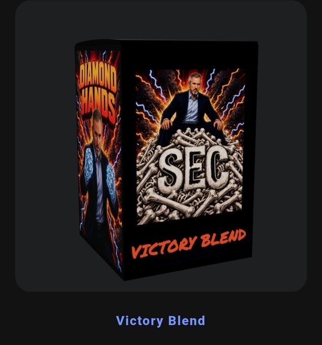 A black coffee box labeled "DIAMOND HANDS," "SEC," and "VICTORY BLEND" features artwork of a suited man seated on a pile of bones amid fiery lightning, tying into the post's theme of a collectible XRP-themed item commemorating 2025 events.