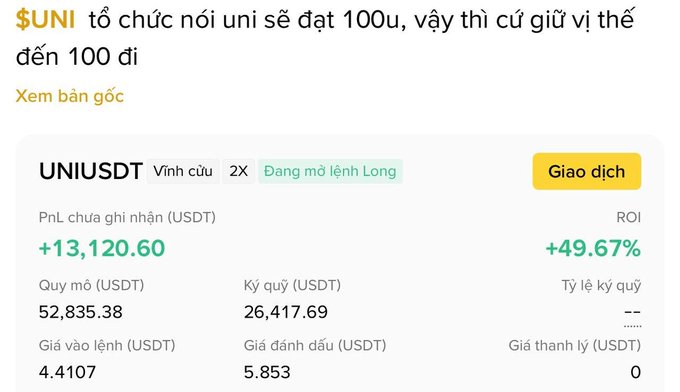 A screenshot showing trading information for the UNI/USDT perpetual contract, with Vietnamese text suggesting holding UNI until it reaches 100, showing a profit of +13,120.60 USDT and an ROI of +49.67%.