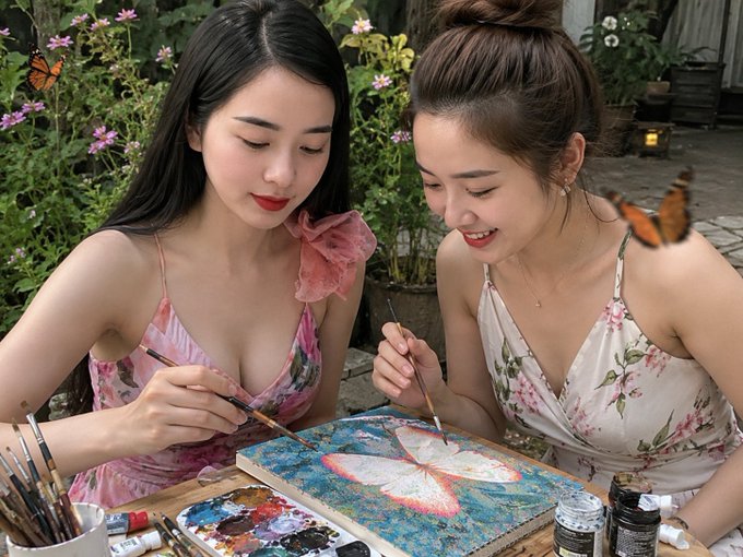 Two young women in floral dresses paint a butterfly on a canvas in a garden, with real monarch butterflies fluttering nearby, evoking themes of beauty and creative transformation.

The image relates to the post's themes of "proof of useful work" and optimization—much like the women channeling their energy into creating art rather than something wasteful, the post advocates for computational energy being directed toward solving real problems (like D-Wave's optimization tasks) instead of being squandered on meaningless hash calculations.