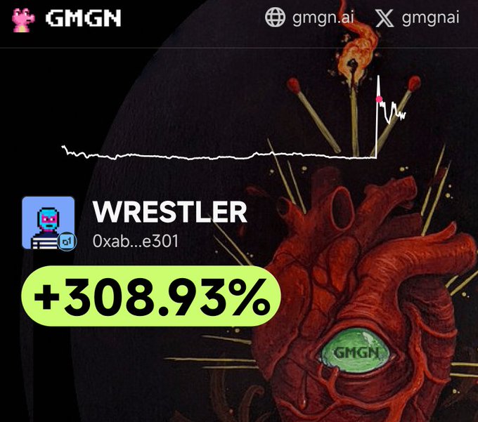A promotional graphic from GMGN.ai highlights a token called 'WRESTLER' (0xab...e301) showing a +308.93% gain, featuring a dark illustration of an anatomical heart with matches and the GMGN logo in the eye.