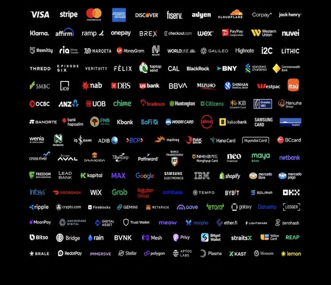 The image displays a grid of corporate logos featuring major financial institutions like Visa, Stripe, Mastercard, American Express, BlackRock, PayPal, Western Union, FIS, and Fiserv, alongside cryptocurrency companies including Coinbase, Ripple, Gemini, MetaMask, and various blockchain platforms. The logo collection visually reinforces the post's claim about traditional finance ("TradFi") companies going "all in on stablecoins," with the displayed mix of established payment giants, banks, and crypto firms illustrating the blurring line between conventional financial services and the digital asset ecosystem that the announcement of $OUSD would represent.