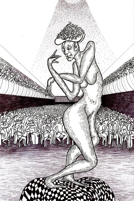 A black and white line drawing depicts a nude figure wearing a hat made of leaves, balancing on a checkered sphere while facing a large audience seated in an arena.
