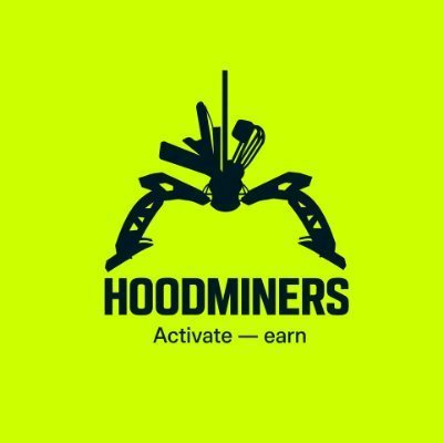 A bright yellow logo for "HOODMINERS" with the tagline "Activate — earn," featuring a stylized dark silhouette of a mining helmet equipped with tools, visually representing the brand behind the NFT project discussed in the post about self-custodied reward-earning miners.