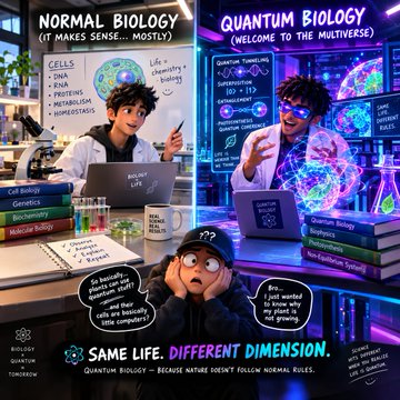 Split-panel 'Normal Biology vs. Quantum Biology' illustration showing the same character in two dimensions, with the tagline 'SAME LIFE. DIFFERENT DIMENSION' and a message 'Quantum Biology — because nature doesn't follow normal rules.'