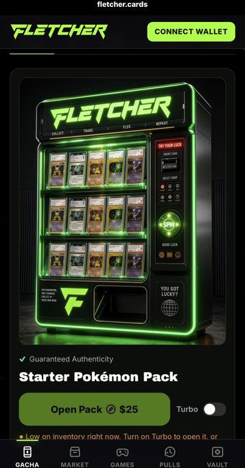 The image shows a mobile interface for Fletcher.cards displaying a "Starter Pokémon Pack" available to open for $25, with the "Connect Wallet" button and various tabs like Gacha, Market, Games, Pulls, and Vault visible. The neon-green vending machine aesthetic showcasing trading card packs visually reinforces the post's claim that Fletcher brings real graded cards (RWA) to the Robin chain, distinguishing it from other projects mentioned as potential scams.