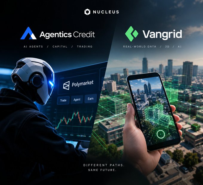 A promotional image from Nucleus featuring 'Agentics Credit' (AI Agents / Capital / Trading) on the left with a robot at a Polymarket trading screen, and 'Vangrid' (Real-World Data / 3D / AI) on the right with a phone showing 3D city mapping, captioned 'DIFFERENT PATHS. SAME FUTURE.'