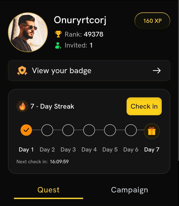 A screenshot of a user profile page on an app, showing the username 'Onuryrtcorj', 160 XP, rank 49378, and a '7-Day Streak' check-in challenge.
