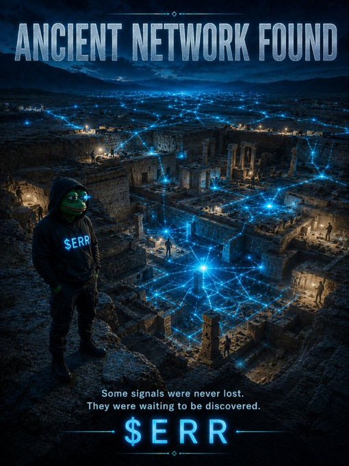 A digital art poster titled 'ANCIENT NETWORK FOUND' showing a figure with a frog mask and '$ERR' hoodie overlooking ancient ruins overlaid with glowing blue network lines, with the caption 'Some signals were never lost. They were waiting to be discovered.'