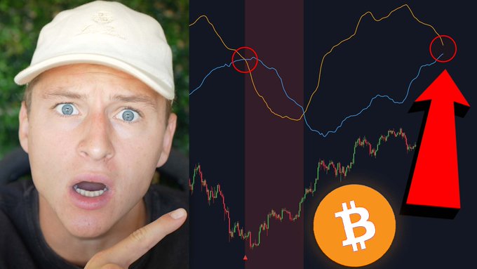 A YouTube thumbnail featuring a surprised-looking man pointing toward a crypto price chart with a Bitcoin logo and a large red upward arrow. The chart displays the "$GOLDEN CROSS" indicator, which the video claims has accurately predicted every Bitcoin bottom.