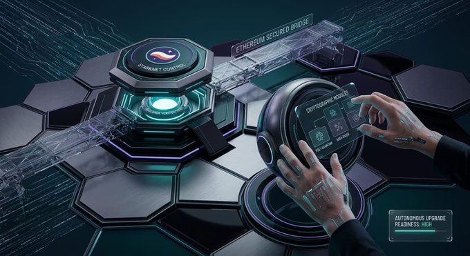 A futuristic blockchain-themed graphic shows hands operating a circular interface beside a transparent structure labeled “ETHEREUM SECURED BRIDGE,” with a panel reading “CRYPTOCURRENCY MODULES.”