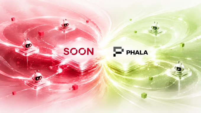 A promotional graphic featuring 'SOON' and 'PHALA' logos with robotic devices connected by energy streams against a split red and green background.