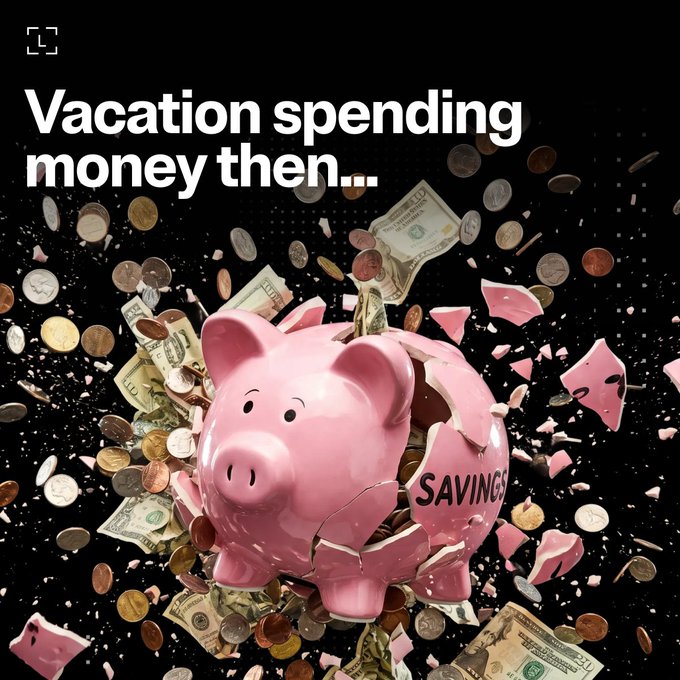 A shattered pink piggy bank labeled "SAVINGS" explodes with coins and dollar bills flying against a black background, captioned "Vacation spending money then..." This visually represents the vulnerability of traditional savings being quickly depleted on travel expenses, contrasting with the post's message about protecting digital assets through Ledger's secure hardware wallet and signer solution.