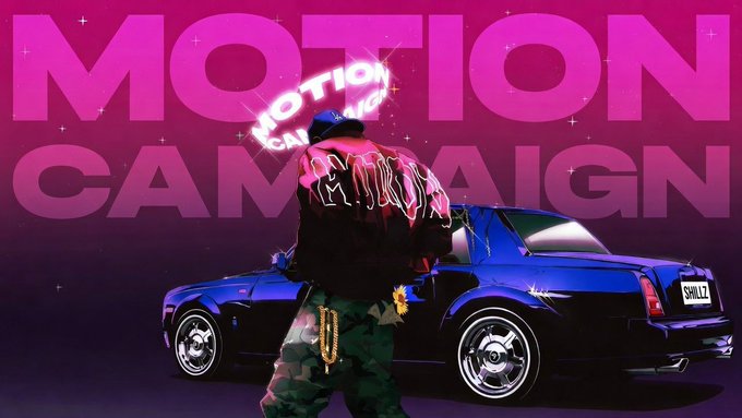 A vibrant graphic with bold pink text 'MOTION CAMPAIGN' behind a figure in a black jacket and camo pants standing in front of a dark blue luxury car with a license plate reading 'SWVLZ'.