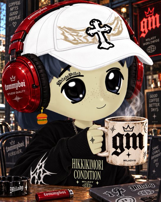 A stylized digital illustration of a chibi-style character wearing a white cap with a cross emblem, red tommyboi headphones, and a black "HIKKIKIMORI CONDITION" sweater, holding a "gm MILADY" coffee mug in a café setting.