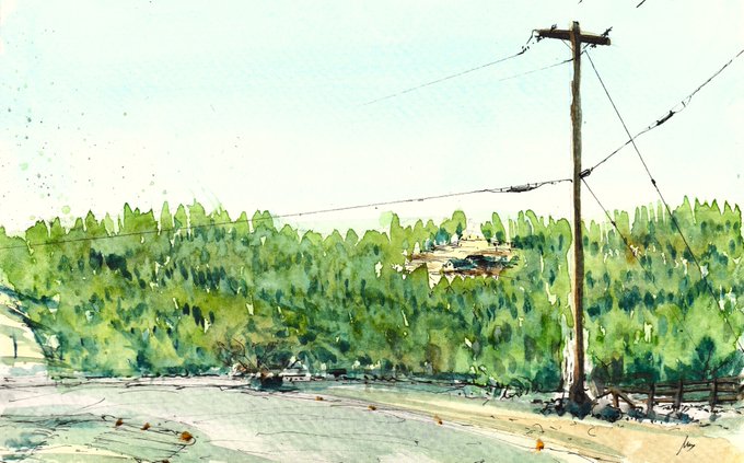 Watercolor landscape painting depicting a rural scene with a wooden utility pole, power lines, green trees, and a small house in the distance under a pale blue sky.