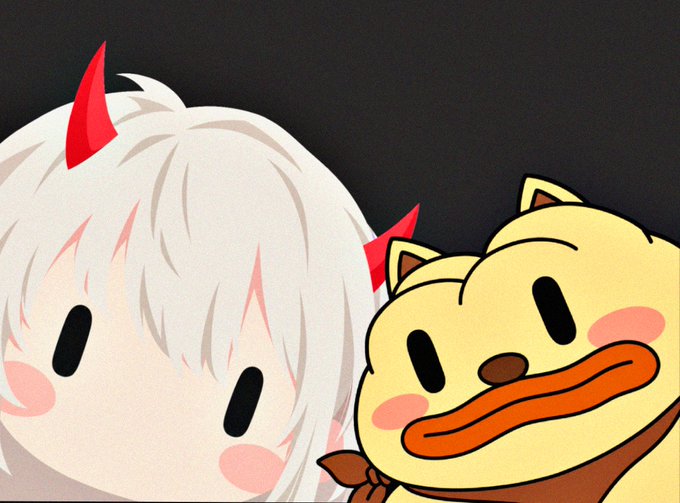 An anime-style illustration showing a white-haired character with small red horns next to a cartoon duck-like character wearing a brown bandana.