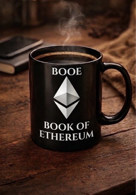 A black coffee mug sits on a wooden surface, steaming, featuring the Ethereum logo and the misspelled text 'BOOE' above 'BOOK OF ETHEREUM.'