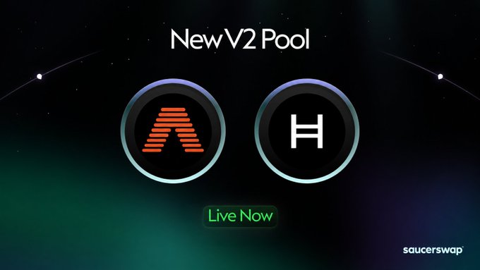 The image shows a poster for a new virtual currency called "HBAR/PLEX V2 Pool". The poster features two circles with different symbols representing the pool's name and its counterpart, the $PLEX pool. The text on the poster indicates that the HBAR/PLEX V2 pool is live on Saucerswap, and it can be used to add liquidity to the pool or switch between the two pools.